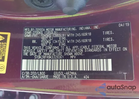 2019 Toyota Highlander Xle from USA, damaged, VIN 5TDKZRFH9KS329361